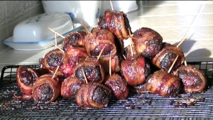 SmokingPit.com - Hickory smoked Teriyaki Beef Moink Balls with Pieneapple chunks smoked on a Traeger Texas pellet smoker. 