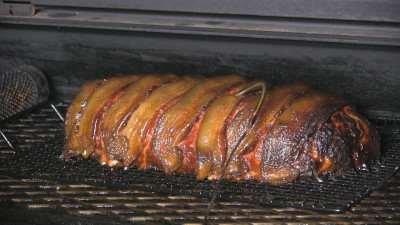 SmokingPit.com - Bacon Cheeseburger Meatloaf slow cooked on a Yoder YS640 Pellet cooker - Coming off the cooker.