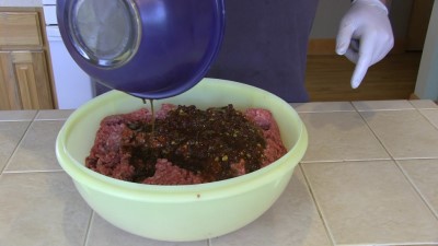 SmokingPit.com - Blue Cheese & Mushroom Meatloaf slow cooker on a Yoder YS640 Pellet cooker - Pouring in the egg mixture..