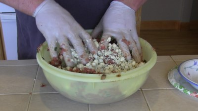 SmokingPit.com - Blue Cheese & Mushroom Meatloaf slow cooker on a Yoder YS640 Pellet cooker - Mixing in the Blue Cheese.