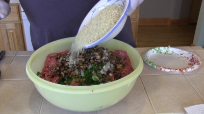 SmokingPit.com - Blue Cheese & Mushroom Meatloaf slow cooker on a Yoder YS640 Pellet cooker - Adding Panko Bread crumbs.