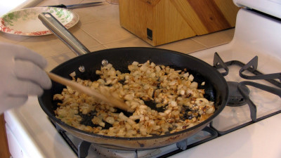 SmokingPit.com - Buffalo Blue Cheese Meatloaf slow cooker on a Yoder YS640 Pellet cooker - Sauteing Onions and Garlic.