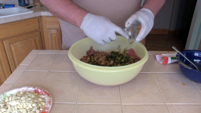 SmokingPit.com - Buffalo Blue Cheese Meatloaf slow cooker on a Yoder YS640 Pellet cooker - Mixing the meat.