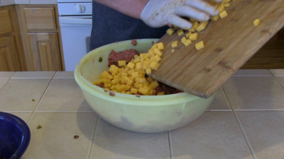 SmokingPit.com - Cheddar & Mushroom Burger - Cooked on the Yoder YS640 - Mixing the burger meat.