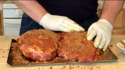 SmokingPit.com - Smoked hickory Smoked Cherry Dr. Pepper Injected pork butts for pulled pork. Great pork barbeque with a sweet and smokey dry rub. Rubbiing in Brown Sugar.