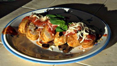 SmokingPit.com - Yoder YS640 - Chicken Parmesan Rolls with a marinara. Slow cooked on the Yoder YS640. - The money shot!