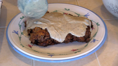 SmokingPit.com - Country Fried Steak & Gravy recipe wood fire cooked on my Scottsdale Santa Maria style cooker. The money Shot.