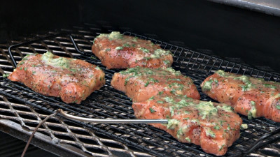 SmokingPit.com - Pork Loin Chops with a Herbed Honey Musterd Sauce.  Slow cooked on a Yoder YS640 Pellet cooker. The basted chops.