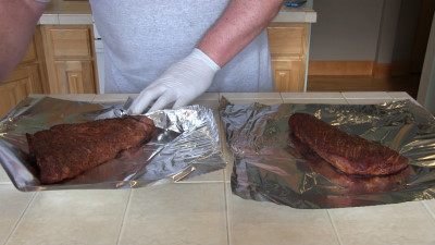 SmokingPit.com - Hoisin Marinated Tri-Tip Roast Beef  -  Slow smoked on a Yoder Wichita with Oak wok wood fire.  Foiling the Tri Tip to rest..