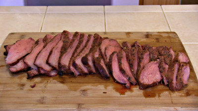 SmokingPit.com - Hoisin Marinated Tri-Tip Roast Beef  -  Slow smoked on a Yoder Wichita with Oak wok wood fire.  The money shot!