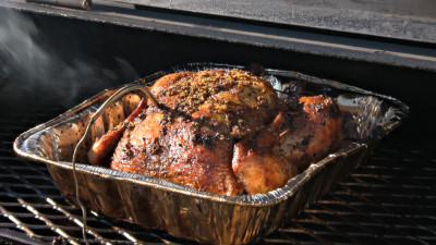 SmokingPit.com - Lemon Rosemary Chicken slow cooker on a Yoder YS640 Pellet cooker - Bird is done!