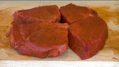 SmokingPit.com - Mesquite & Hickory Smoked Top Round Steak with Sauteed Mushrooms & Shrimp London Broil how to smoke cook videos on  slow cooking on the Yoder YS640 smoker & Traeger texas grill. - Steaks Ready to smoke.