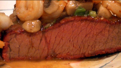 SmokingPit.com - Mesquite & Hickory Smoked Top Round Steak with Sauteed Mushrooms & Shrimp London Broil how to smoke cook videos on  slow cooking on the Yoder YS640 smoker & Traeger texas grill. - Surf & turf