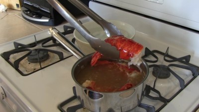 SmokingPit.com - Mango Thai Chili Glazed Shrimp & Lobster Tails Kabobs.  Santa Maria style  grill. - Blanching the lobster..