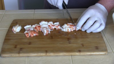 SmokingPit.com - Mango Thai Chili Glazed Shrimp & Lobster Tails Kabobs.  Santa Maria style  grill. - Slicing the lobster tails..