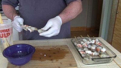 SmokingPit.com - Mango Thai Chili Glazed Shrimp & Lobster Tails Kabobs.  Santa Maria style  grill. - Building the Kabobs..
