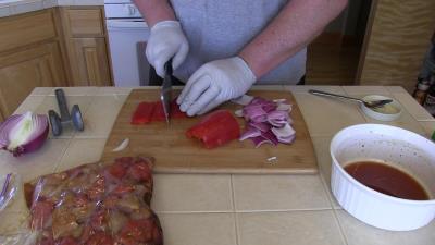 SmokingPit.com - Yoder YS640 - Peach Smoked Sesame Chicken & Beef Kabobs. Cutting up the veggies.