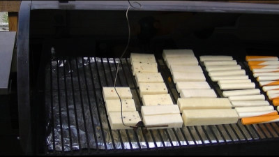 SmokingPit.com - Hickory cold smoked cheese using the A-MAZE-N-SMOKER cold smoke generator.