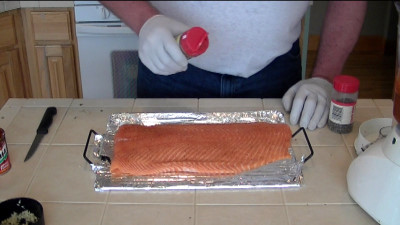 SmokingPit.com - Pecan & Cherry smoked Salmon with a Spicy Chipotle Lime Sauce - AMAZE-N-SMOKER cold smoked.   Smoked low and slow on my Yoder YS640 - Seasoning the Salmon.