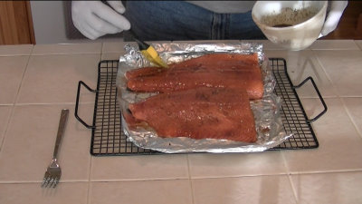 SmokingPit.com - Peach smoked Salmon with a sweet garlic marinade - AMAZE-N-SMOKER cold smoked.   Smoked low and slow on my Traeger Texas smoker grill. Sausage mesquite apple hickor, pecan, alder, oak wood fire cooked foods! Tacoma WA Washington 