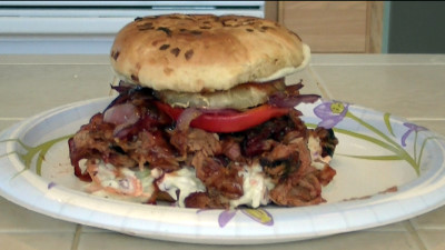 SmokingPit.com - The Ultimate Smoked BBQ Pulled Pork Sandwich tower of pork! - Smoked on a Yoder YS640