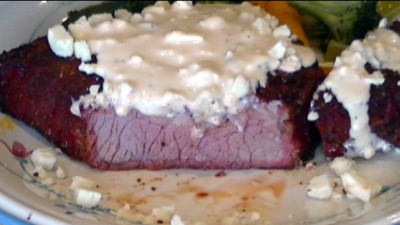 SmokingPit.com - Hickory Smoked Top Round Steak with Spicey Blue Cheese Sauce -  Roast Beef - London Broil  Beef recipes and how to videos on  slow cooking on the Traeger texas smoker grill.  Smoking meats information and Treager Pellets Tacoma WA Washinton SmokingPit.com
