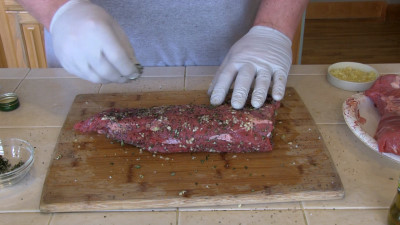 SmokigPit.com - Beef Tri Tip Marsala Recipe - slow cooked on a Yoder YS640 Pellet smoker. - Seasoning the Tri Tip roast.