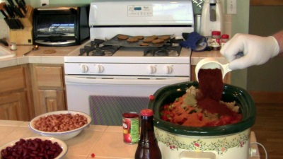 SmokingPit.com BBQ - My signature bowl of beans. Trippel Beer Infused Pulled Pork Chili smoked on a Yoder YS640 pellet smokerTop round beef steak smoked low and slow - spices