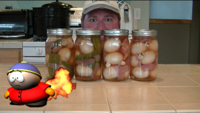 SmokingPit.com - Pickled Evil Eggs with cold smoked peppers, onion and garlc. Beautiful eggs! - Cooked on the Yoder YS640